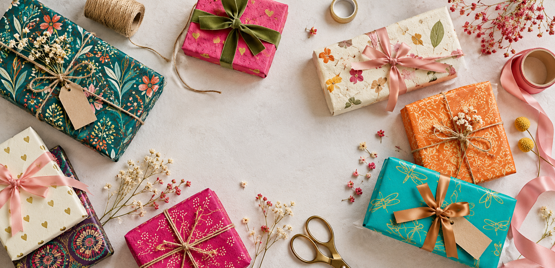 Artisanal gift wrapping flat lay