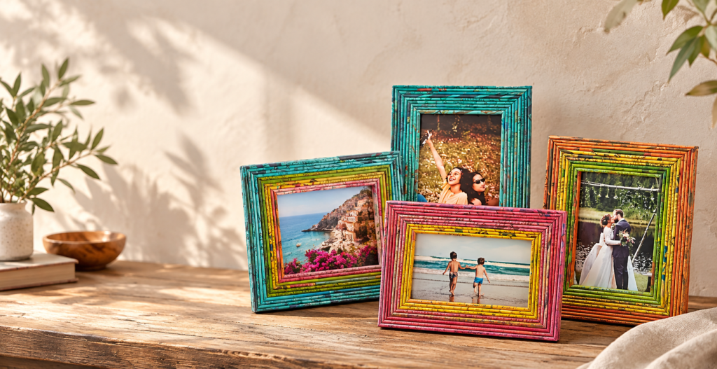Colourful handmade frames in warm sunlight