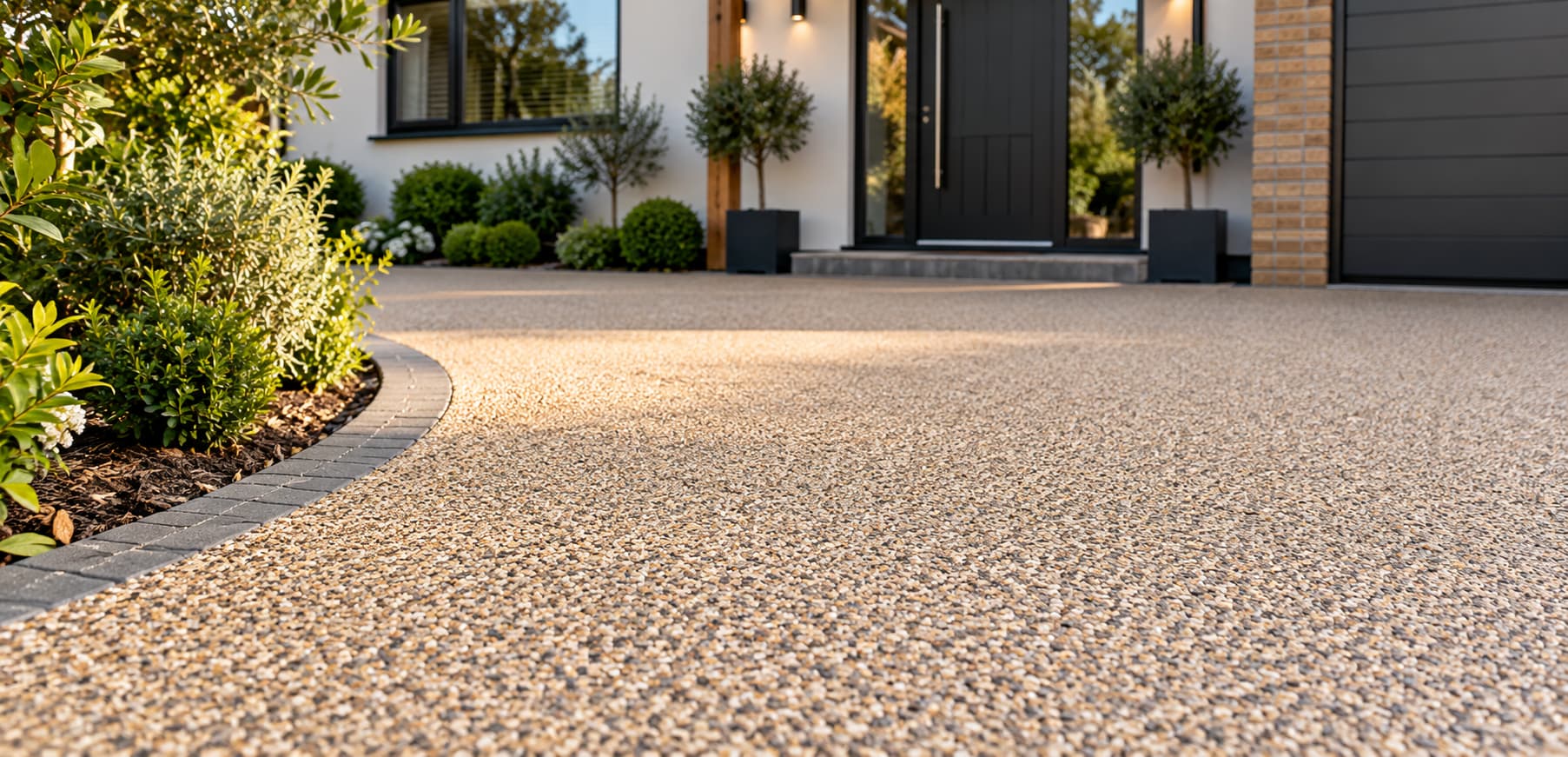 Modern home entrance with a textured resin driveway